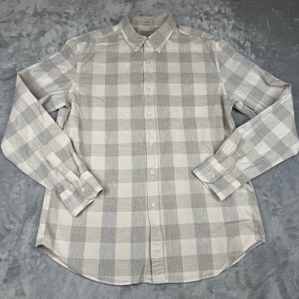 J Crew Classic Shirt Mens L Gray White Stretch Secret Wash Organic Cotton Check